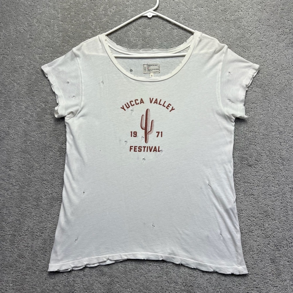 Current/Elliott Tee Women Size 1 White Yucca Valley Festival Distressed Crewneck